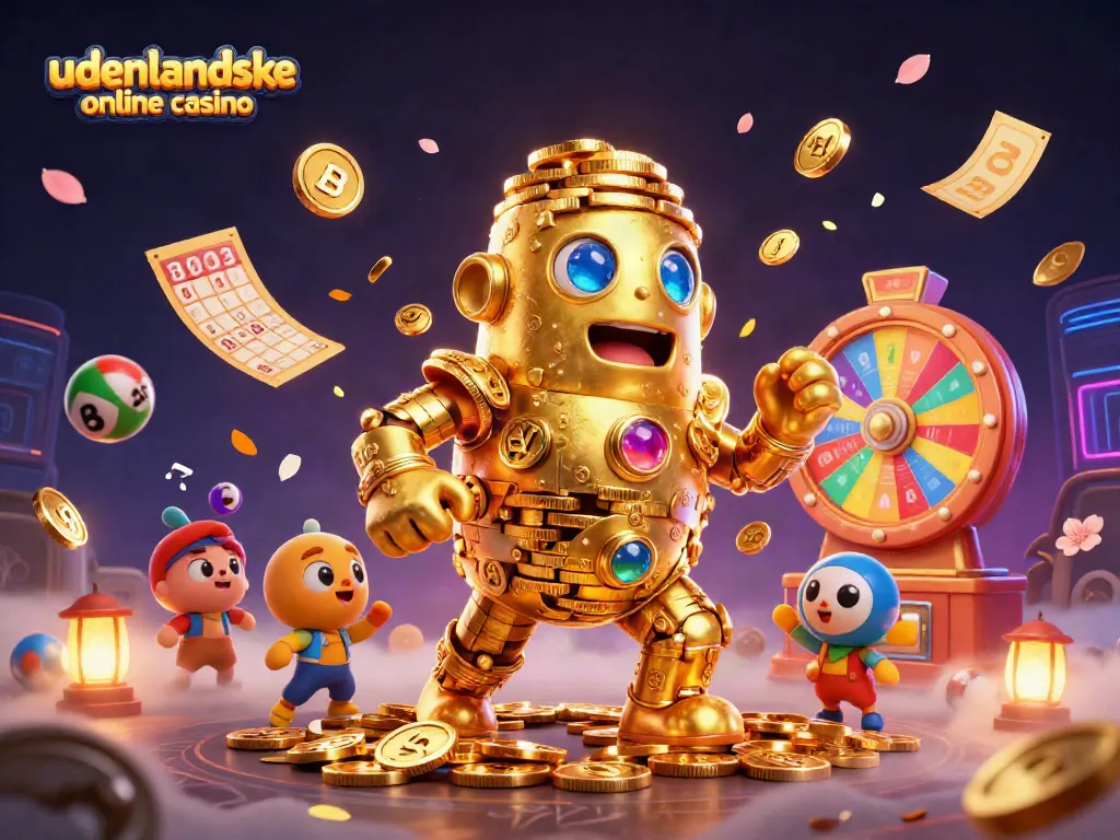 Engage with udenlandske online casino's vibrant animation of golden golem, lottery balls, and jackpot elements.