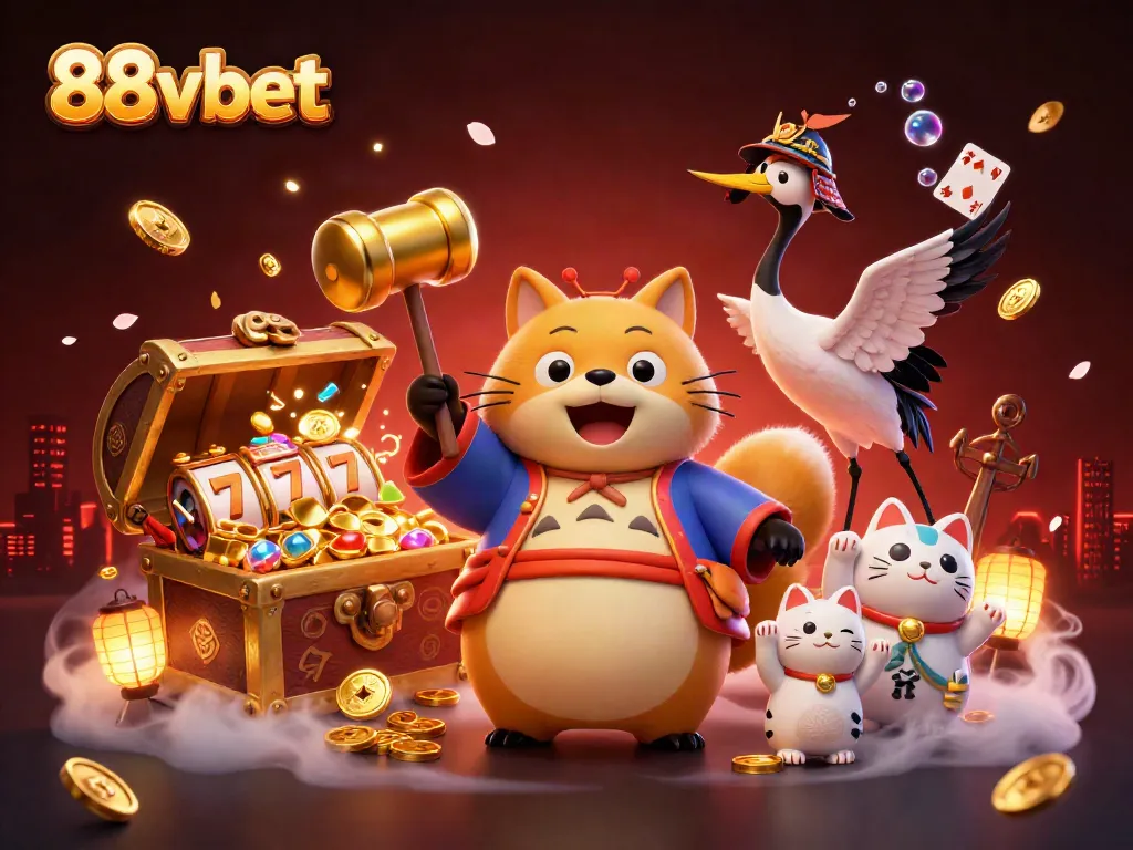 Experience thrilling wins with 88vbet in this vibrant 3D casino illustration featuring lucky characters and jackpot elements.