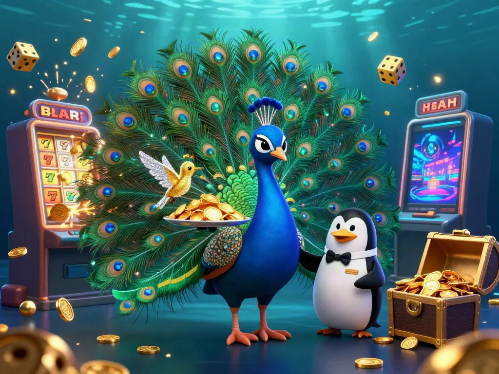 Xoilactv offers seamless live gaming experiences with vibrant visuals including a peacock and penguin amidst a jackpot celebration.