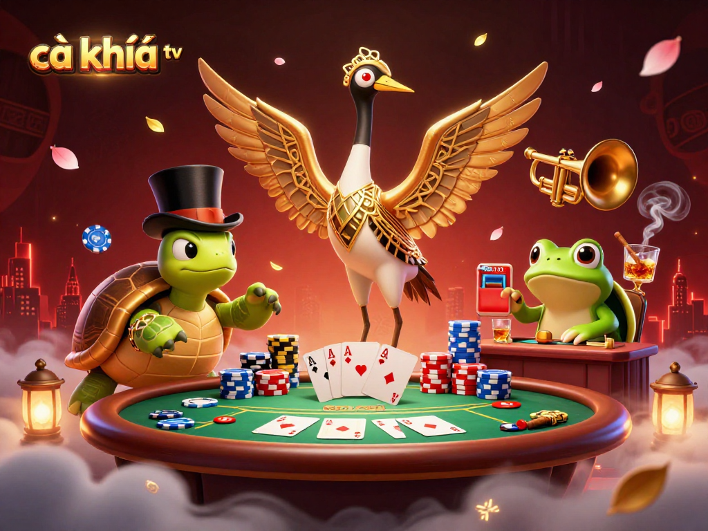 Experience exciting moments at cà khịa tv with a lively illustration of poker game elements and unique characters.