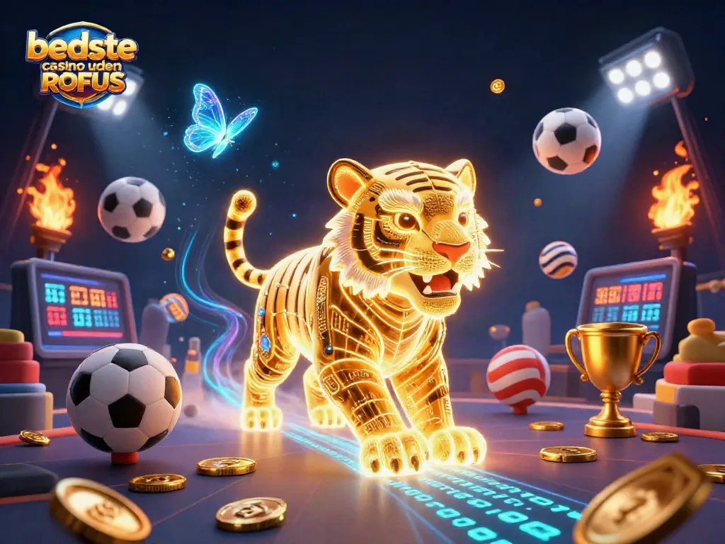 Experience the excitement of bedste casino uden ROFUS with golden tiger and dynamic sports elements in a vivid digital landscape.