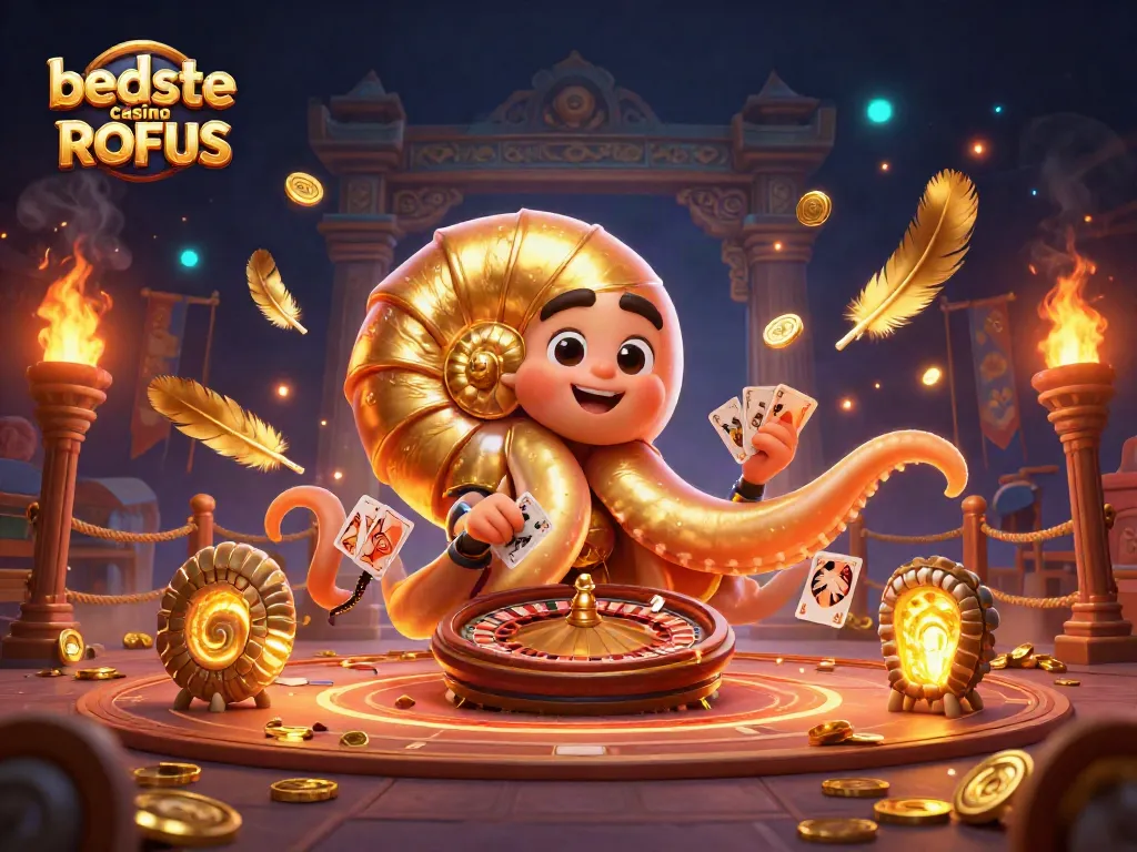 Engaging scene of the bedste casino uden ROFUS showcasing an ancient nautilus as a roulette wheel with glowing ammonite companions.