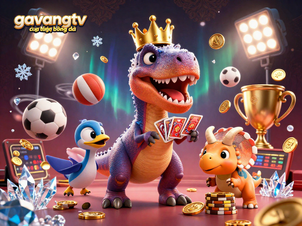 Experience gavangtv trực tiếp bóng đá with a dynamic 3D illustration of friendly dinosaurs enjoying card games.