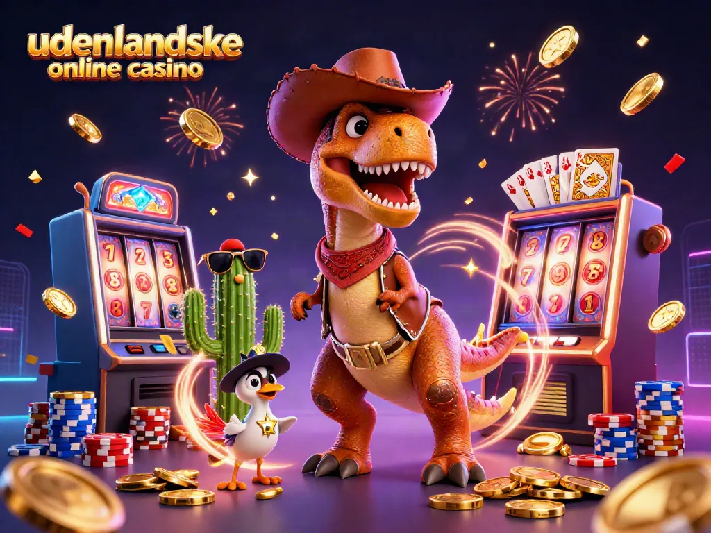 Engage with the vibrant 幣ことで betting experience at udenlandske online casino featuring a lively 3D T-Rex and casino elements.